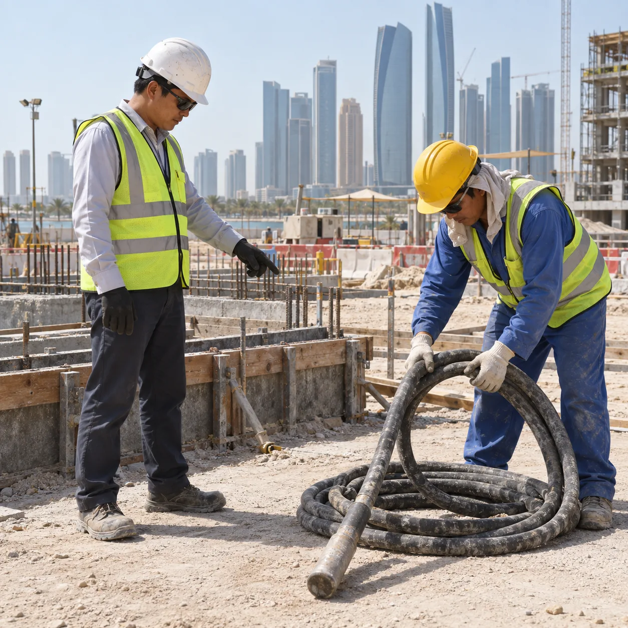 Asian site worker handling concrete vibrator equipment at a UAE construction project