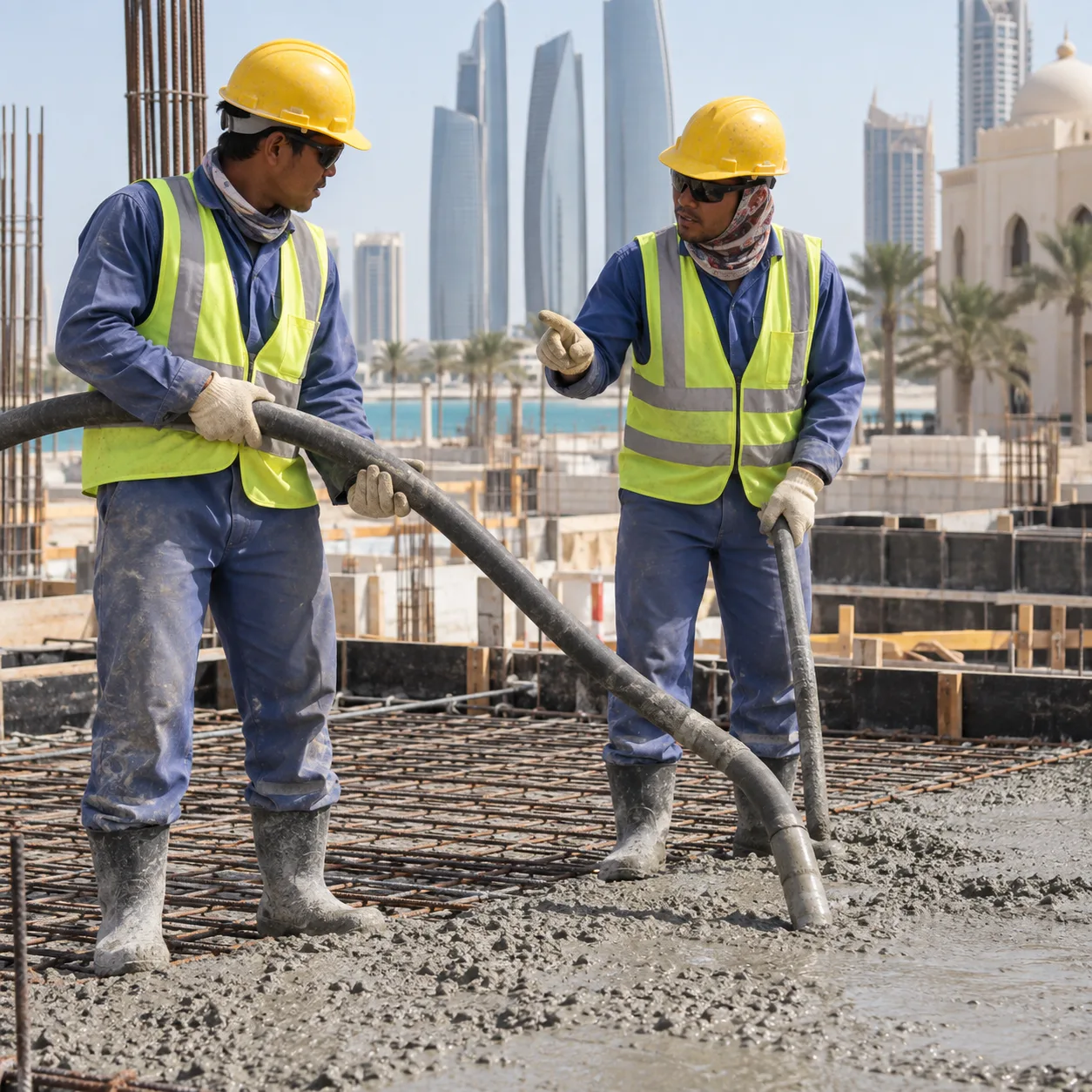 Asian construction workers using a concrete vibrator pipe at an Abu Dhabi building site