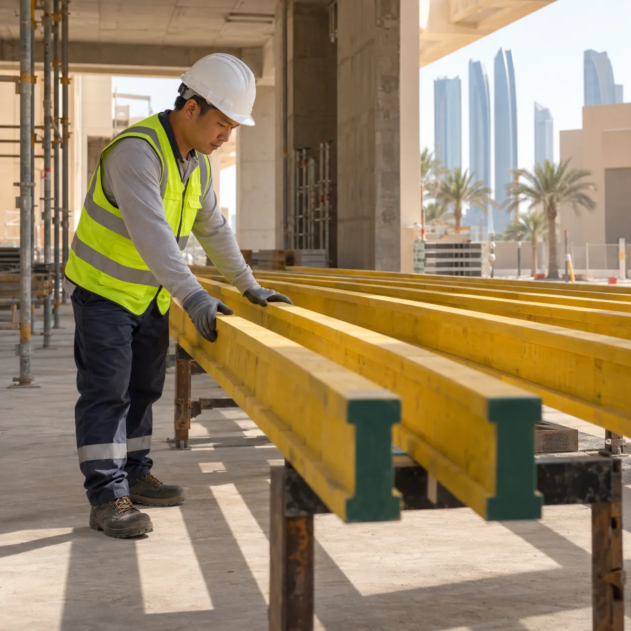 Asian construction workers arranging generic H20 formwork beams at a UAE worksite