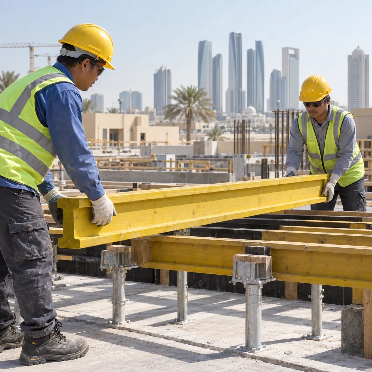 Asian site worker handling an H20 formwork beam at an Abu Dhabi construction project