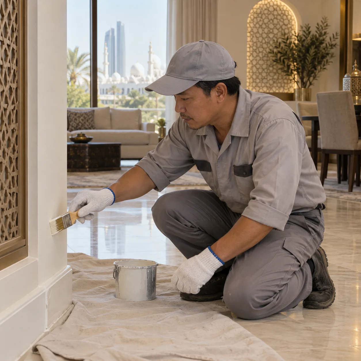 Asian worker using a paint brush for indoor maintenance in an Abu Dhabi home