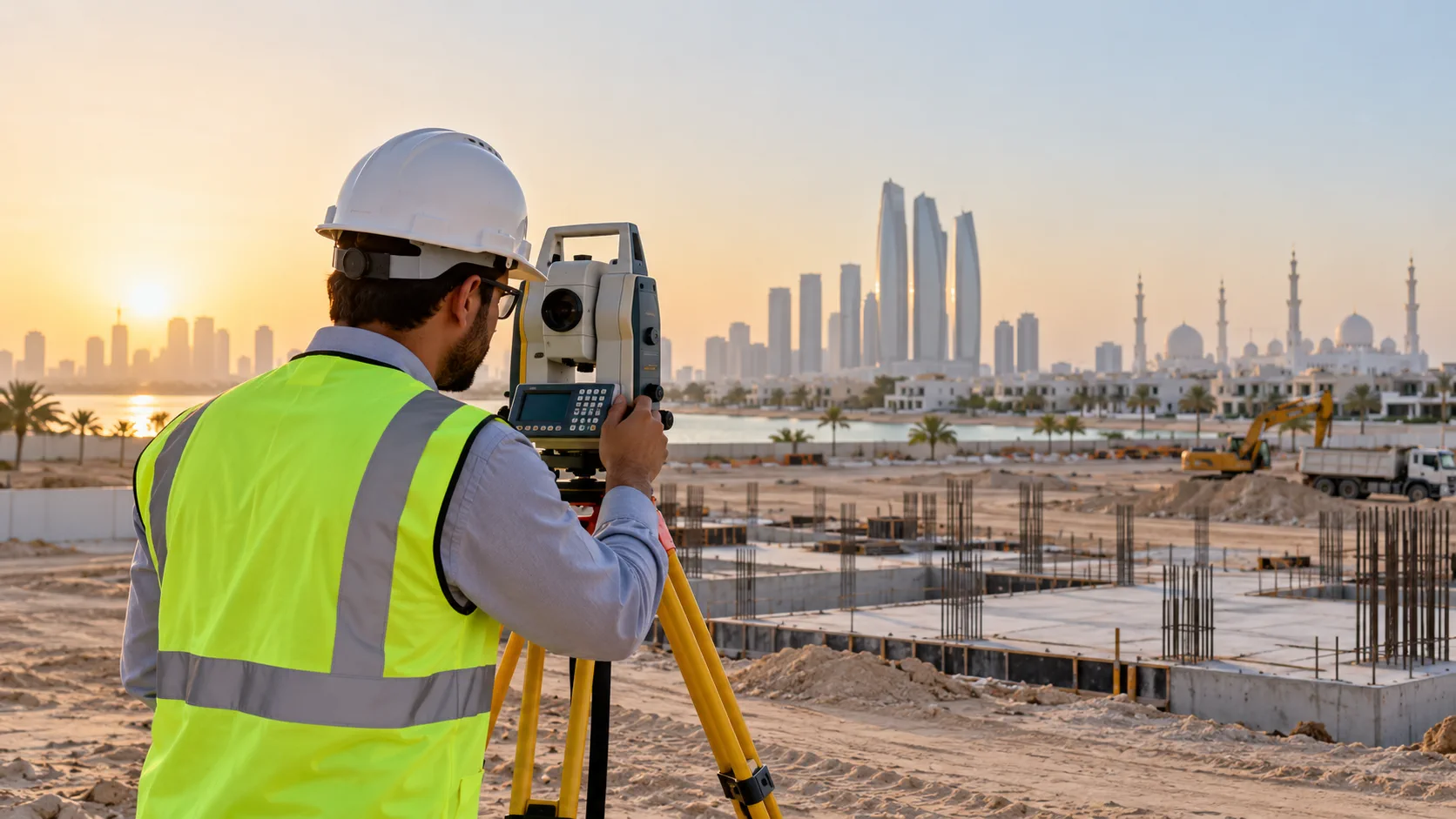 Land surveyor setting up a total station on a UAE construction site