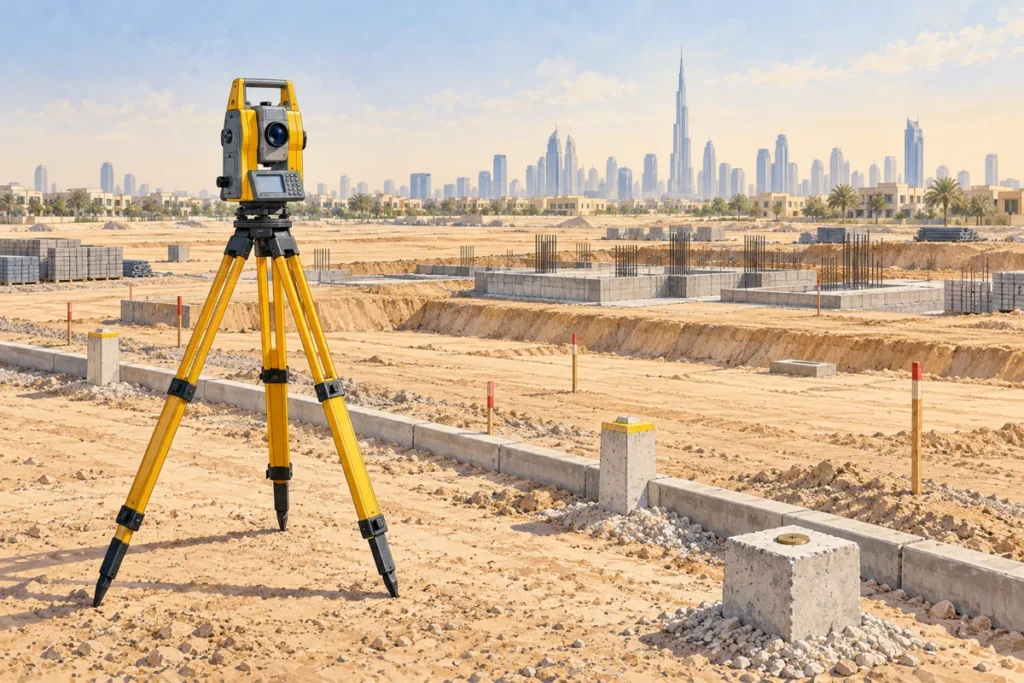 Illustrative UAE construction survey setup with a total station observing site control points and surface features
