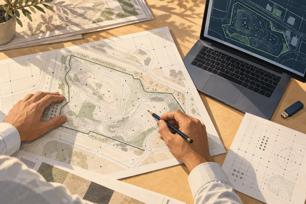 Illustrative survey handover review with a site plan, elevation notes and digital deliverable checks