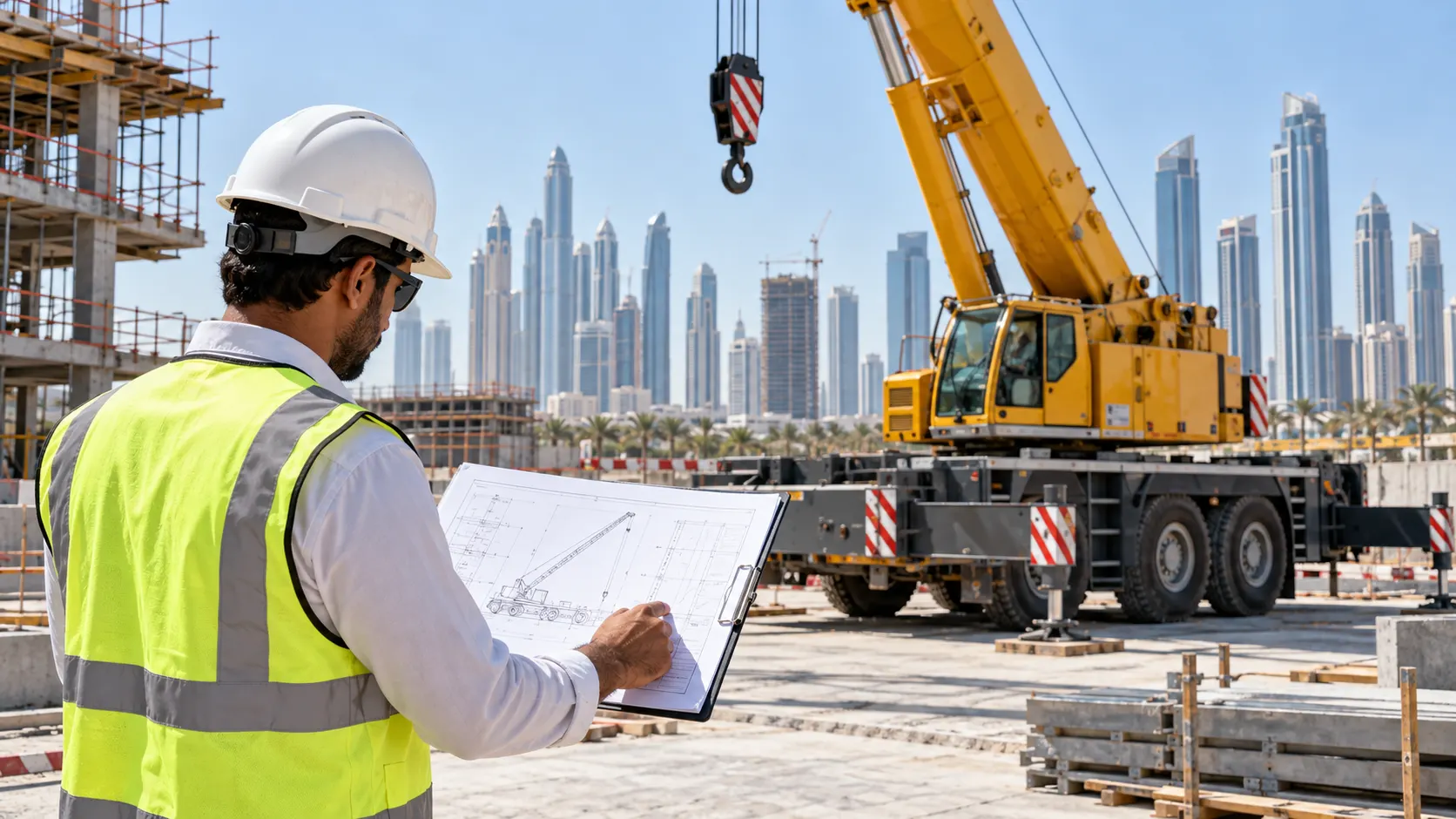 Illustrative site engineer reviewing a crane lift plan before rental