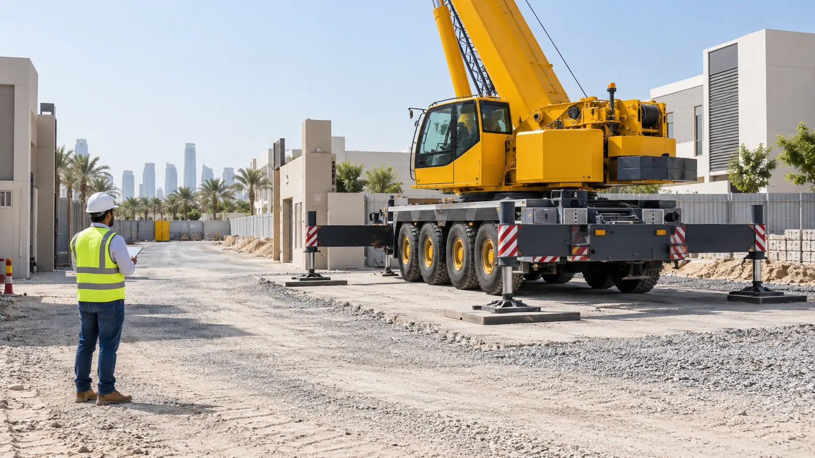 Illustrative crane positioned at a prepared construction site access area
