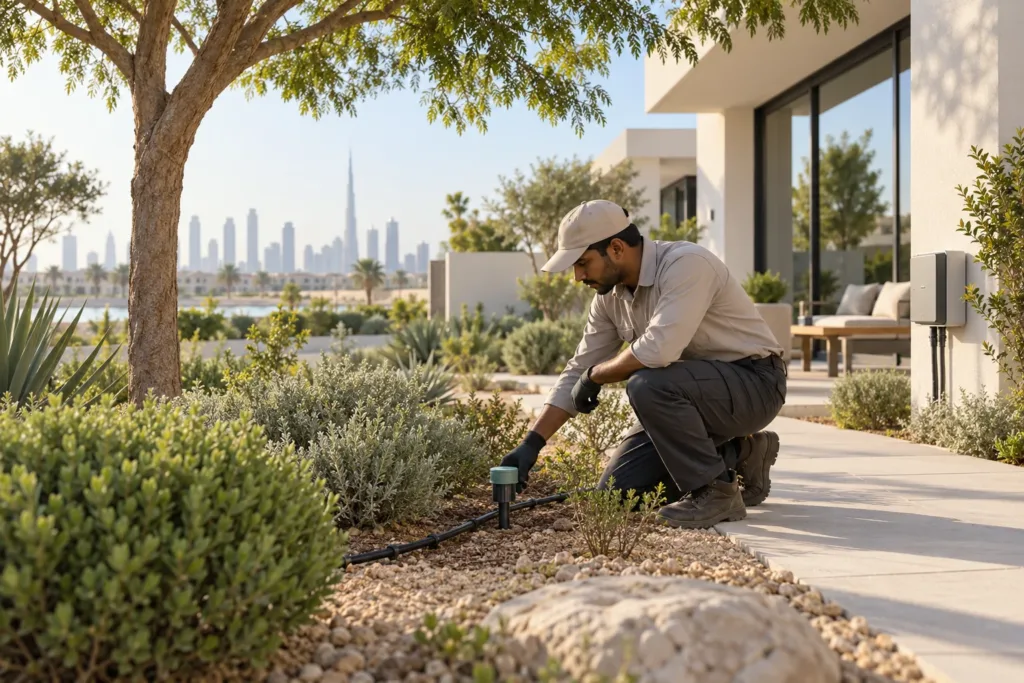 Landscape technician inspecting a drip irrigation line and soil sensor in a UAE villa garden