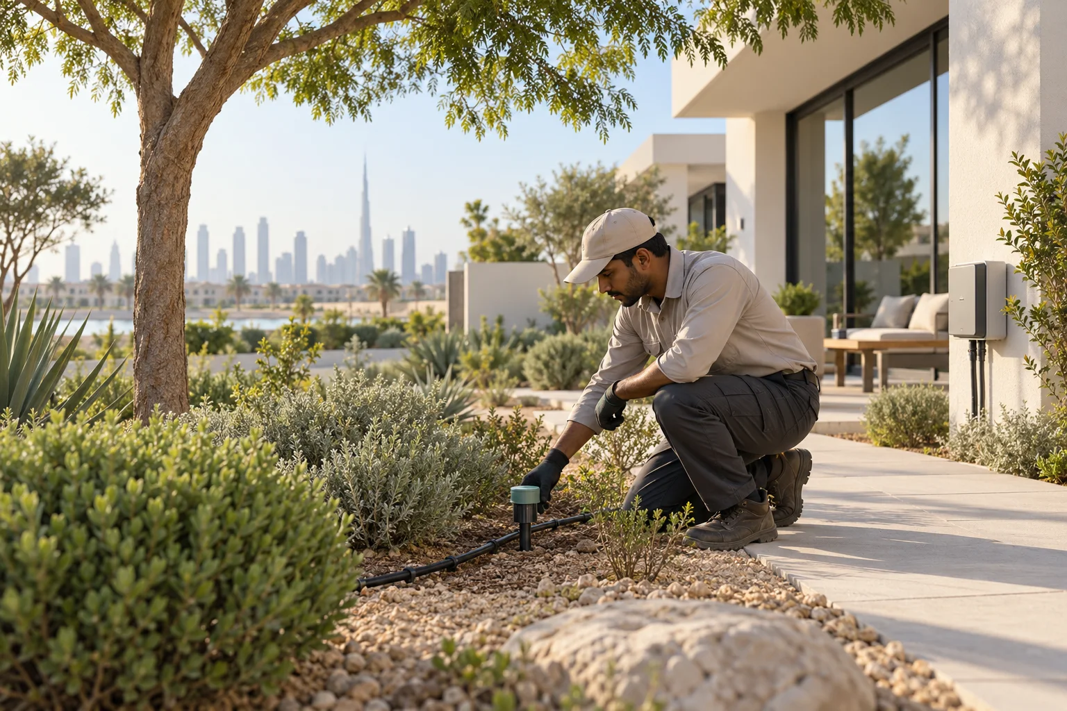 Landscape technician inspecting a drip irrigation line and soil sensor in a UAE villa garden