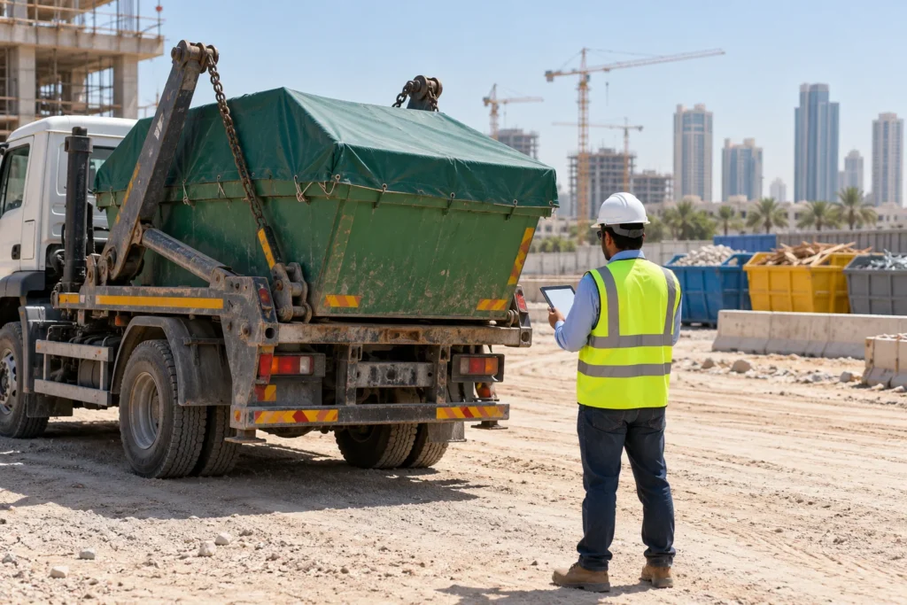 Illustrative site supervisor checking a covered construction waste skip and collection record before pickup