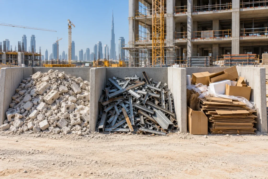 Illustrative construction site waste area with separate labelled containers for clean rubble, metal and packaging